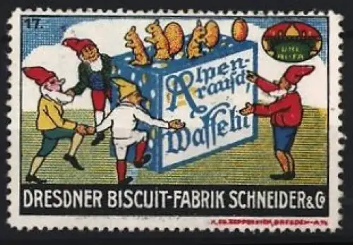 Reklamemarke Dresden, Dresdner Biscuit-Fabrik Schneider & Co., Alpenkraut Waffeln, Zwerge und Keksdose