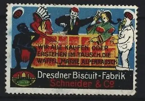Reklamemarke Dresden, Dresdner Biscuit-Fabrik Schneider & Co, internationale Figuren vor Tafel