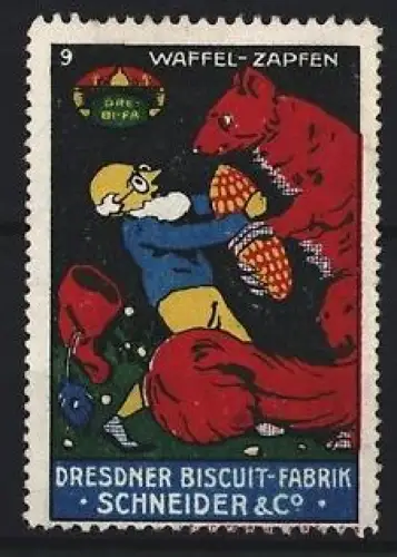 Reklamemarke Dresden, Dresdner Biscuit-Fabrik Schneider & Co., Waffel-Zapfen, Bär mit Mann