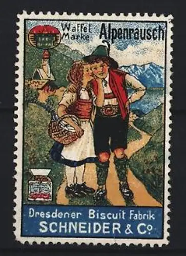 Reklamemarke Dresden, Dresdner Biscuit-Fabrik Schneider & Co., Waffel Marke Alpenrausch, Trachtenpaar in Berglandschaft