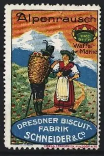 Reklamemarke Dresden, Dresdner Biscuit-Fabrik Schneider & Co., Alpenrausch Waffeln, Berglandschaft