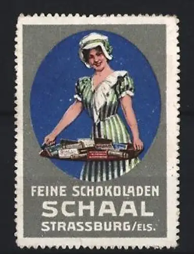 Reklamemarke Strassburg, Feine Schokoladen Schaal, Frau mit Pralinenschachtel