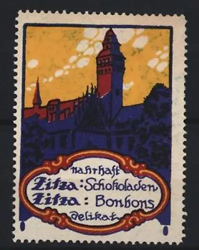 Reklamemarke Zitza Schokoladen & Bonbons, Turm und Gebäude