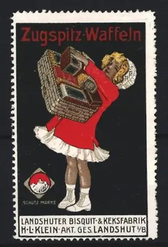 Reklamemarke Landshut, Landshuter Bisquit- & Keksfabrik H. L. Klein, Zugspitz-Waffeln, Mädchen mit Waffelkörben