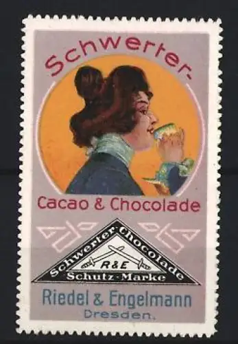 Reklamemarke Dresden, Riedel & Engelmann, Schwerter Cacao & Chocolade, Frau mit Tasse