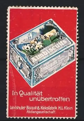 Reklamemarke Landshut, Landshuter Bisquit- & Keksfabrik H. L. Klein, Hochfeine Almbiscuits, Keksdose mit Kühen