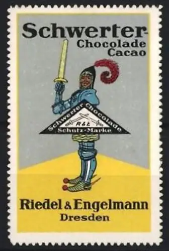 Reklamemarke Dresden, Schwerter Chocolade Cacao, Riedel & Engelmann, Ritter mit Schwert