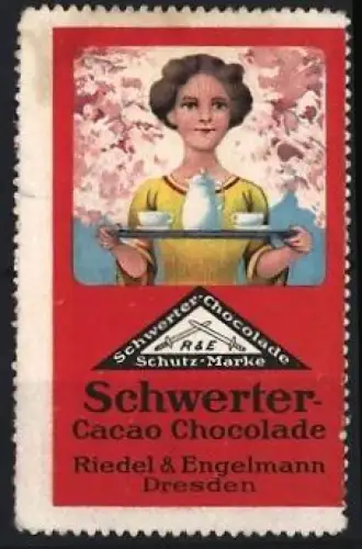 Reklamemarke Dresden, Riedel & Engelmann, Schwertner Cacao Chocolade, Frau mit Tablett