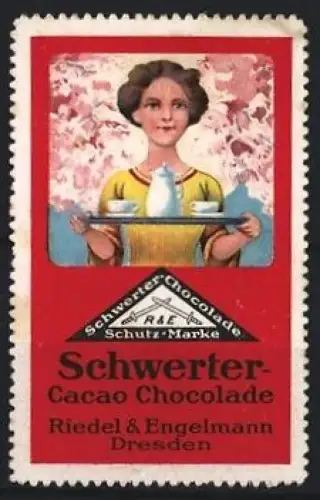 Reklamemarke Dresden, Schwerter-Cacao Chocolade, Riedel & Engelmann, Frau mit Tablett