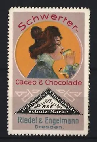 Reklamemarke Dresden, Riedel & Engelmann, Cacao & Chocolade, Frau mit Tasse