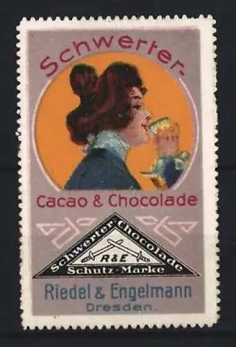Reklamemarke Dresden, Riedel & Engelmann, Schwerter Cacao & Chocolade, Frau mit Schokolade