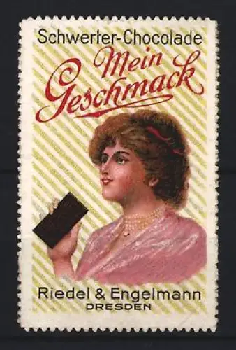 Reklamemarke Dresden, Schwerter-Chocolade, Riedel & Engelmann, Dame mit Schokolade