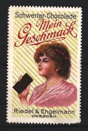 Reklamemarke Dresden, Riedel & Engelmann, Schwerter-Chocolade, Frau mit Schokolade