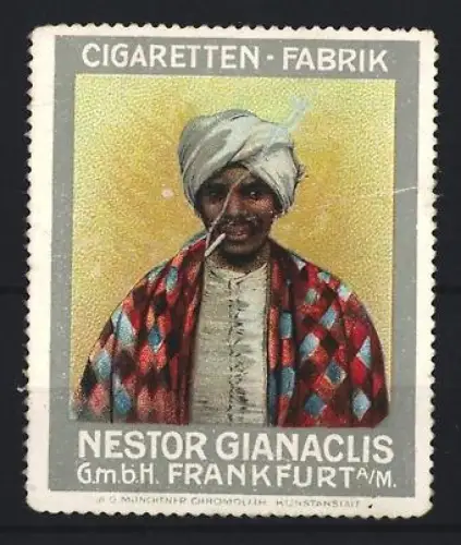 Reklamemarke Frankfurt a. M., Nestor Gianaclis, Mann mit Turban und Zigarette
