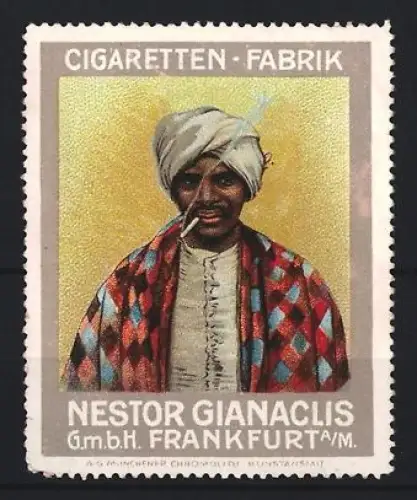 Reklamemarke Frankfurt a. M., Nestor Gianaclis Cigarette, Mann mit Zigarette