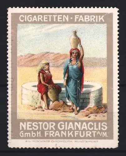 Reklamemarke Frankfurt a. M., Nestor Gianaclis GmbH, Frau mit Wasserkrug am Brunnen