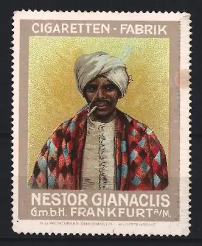 Reklamemarke Frankfurt a. M., Nestor Gianaclis Cigarette, Mann mit Turban