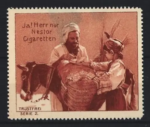 Reklamemarke Nestor Cigaretten, Mann und Junge mit Esel