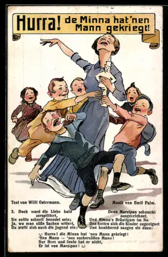 AK Kinder tanzen aufreget um eine Frau, de Minna hat `nen Mann gekriegt, Text von Willi Ostermann