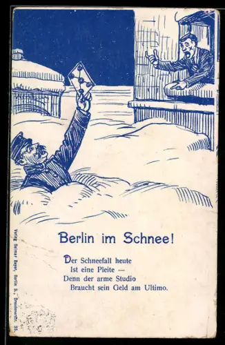 AK Berlin, Postbote versinkt im Schnee vor einem Fenster mit Verbindungsstudenten mit Schmiss