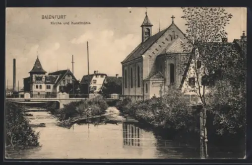 AK Baienfurt, Kirche und Kunstmühle, Flusspartie mit Brücke