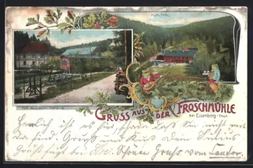 AK Mühltal /Eisenberg, Gasthaus Froschmühle, Ortsansicht, Frosch als Kellner u. Musikant