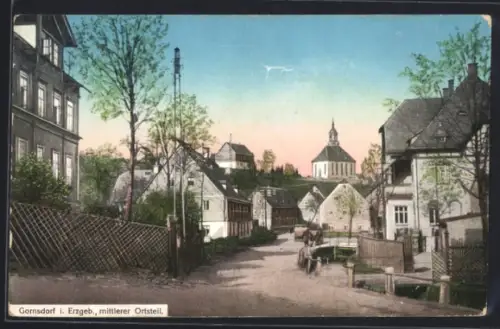 AK Gornsdorf i. Erzgeb., Mittlerer Ortsteil m. Brücken u. Kirche