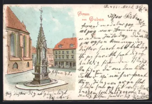 Lithographie Guben, Zwei-Kaiserbrunnen u. Kirche, Ortspartie
