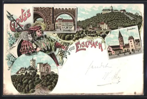 Lithographie Eisenach, Hotel Thüringer Hof, Wartburg, Nikolaitor, Nicolaiturm, Ritter