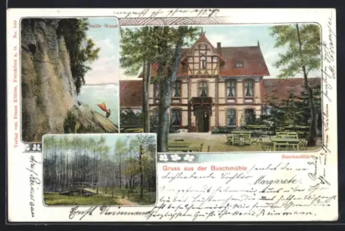 AK Frankfurt a. O., Gasthaus Buschmühle, Steile Wand, Waldpartie mit Brücke