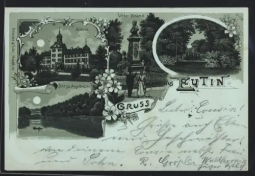 Mondschein-Lithographie Eutin, Schloss, Blick g. d. Angelbrücke, Weber Denkmal