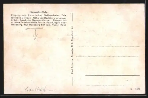 AK Radeberg, Gasthof Grundmühle Rudolf Rost, Fachwerkhäuser, Sägewerk
