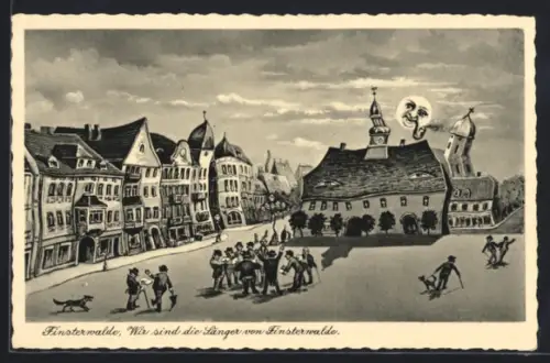Wirtshaus-AK Finsterwalde, Wir sind die Sänger von Finsterwalde, Marktplatz aus der Sicht eines Betrunkenen, Mond