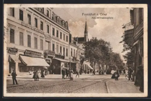 AK Frankfurt a. Oder, Am Wilhelmsplatz, Hotel Deutsches Haus, Turm, Strassenbahn