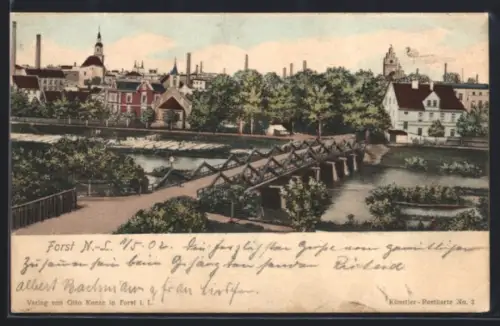 AK Forst /N.-L., Brücke über die Neisse, Ortspanorama mit Fabrikschloten