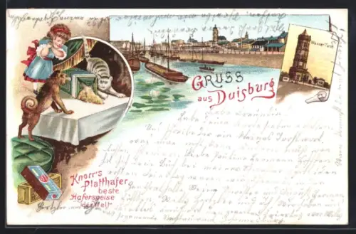 Lithographie Duisburg, Hafen mit Stadtanorama, Wasserturm, Werbung Knorrs Platthafer mit Kind, Hund, Katze