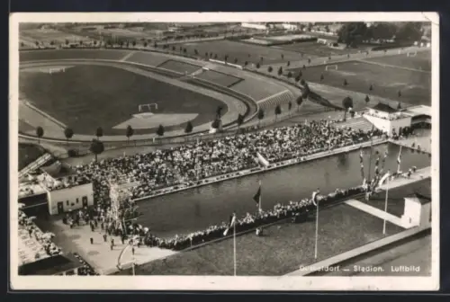 AK Düsseldorf, Stadion mit Schwimmwettkampf, Luftbild