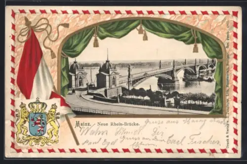 Passepartout-Lithographie Mainz, Neue Rhein-Brücke, Fahne, Wappen, Burgfenster