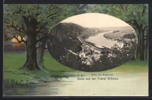 Lithographie Karthaus /Moselthal, Trierer Schweiz, Blick ins Moselthal, Auenpartie