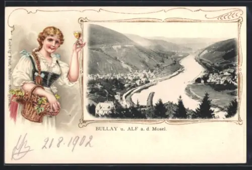 Passepartout-Lithographie Bullay a. d. Mosel, Ortsansichten Bullay u. Alf, Weinkönigin