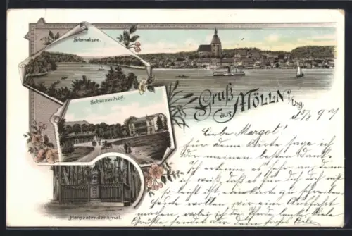 Lithographie Mölln i. Lbg., Schmalsee, Schützenhof, Hanseatendenkmal