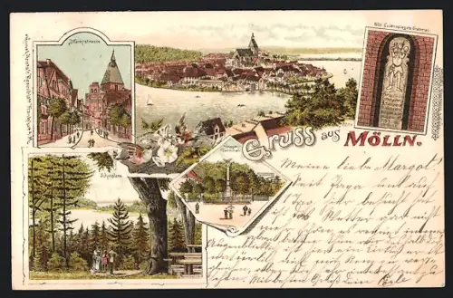 Lithographie Mölln, Ortsansicht, Marktstrasse, Till Eulenspiegel-Grabmal, Kurpark