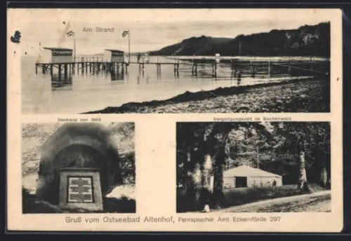 AK Altenhof, Denkmal von 1849, Vergnügungszelt im Buchenwald, Am Strand