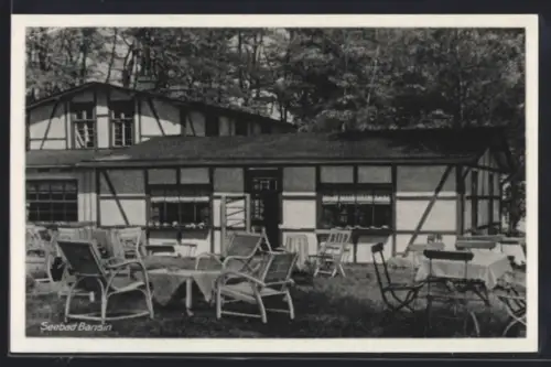 AK Bansin, Gartenrestaurant mit Fachwerkhaus und Terrasse