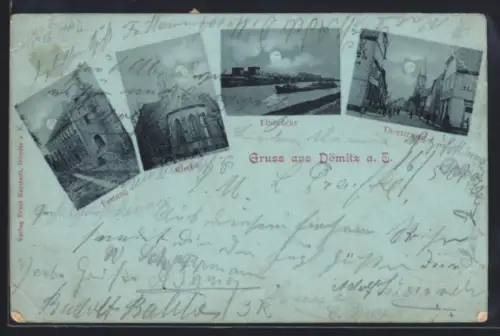 Mondschein-AK Dömitz a. E., Festung, Kirche, Elbbrücke, Thorstrasse