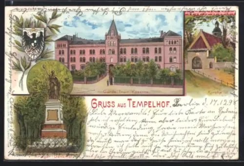 Lithographie Berlin-Tempelhof, Garde-Train-Kaserne, Kirche, Krieger-Denkmal, Wappen