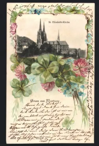 Lithographie Marburg, St. Elisabeth-Kirche, Blühender Klee u. Vergissmeinnicht