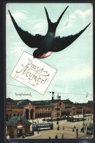 AK München, Hauptbahnhof mit Strassenbahnen, Schwalbe mit Neujahrsgruss