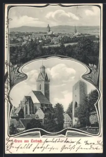 AK Korbach, Gesamtansicht, Kirche u. Turm, Ornament-Rahmen