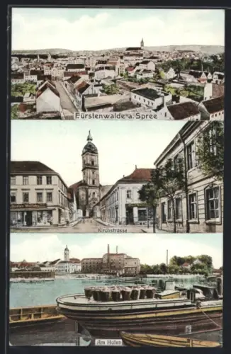 AK Fürstenwalde a. Spree, Kirchstrasse mit Kirche u. Geschäften, Am Hafen, Ortsansicht